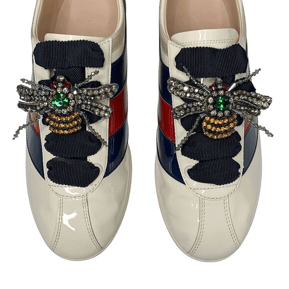 Gucci Falacer Patent Leather Sneakers 38 White Red Blue Bee Crystal Low Top - Picture 3 of 11